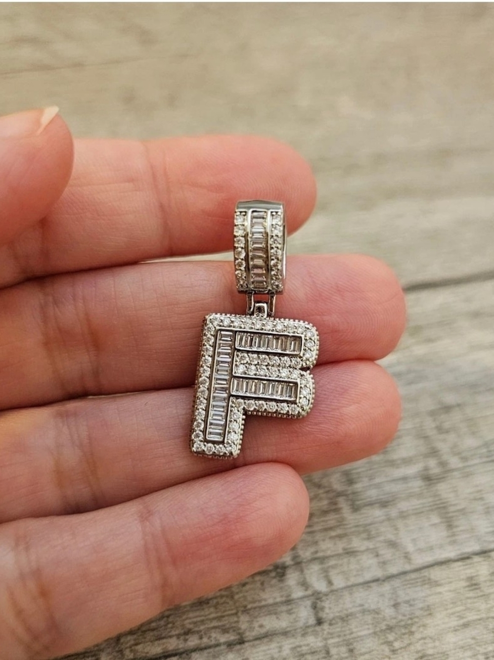 Sterling Silver 'F' Initial Pendant with Clear CZ Accents